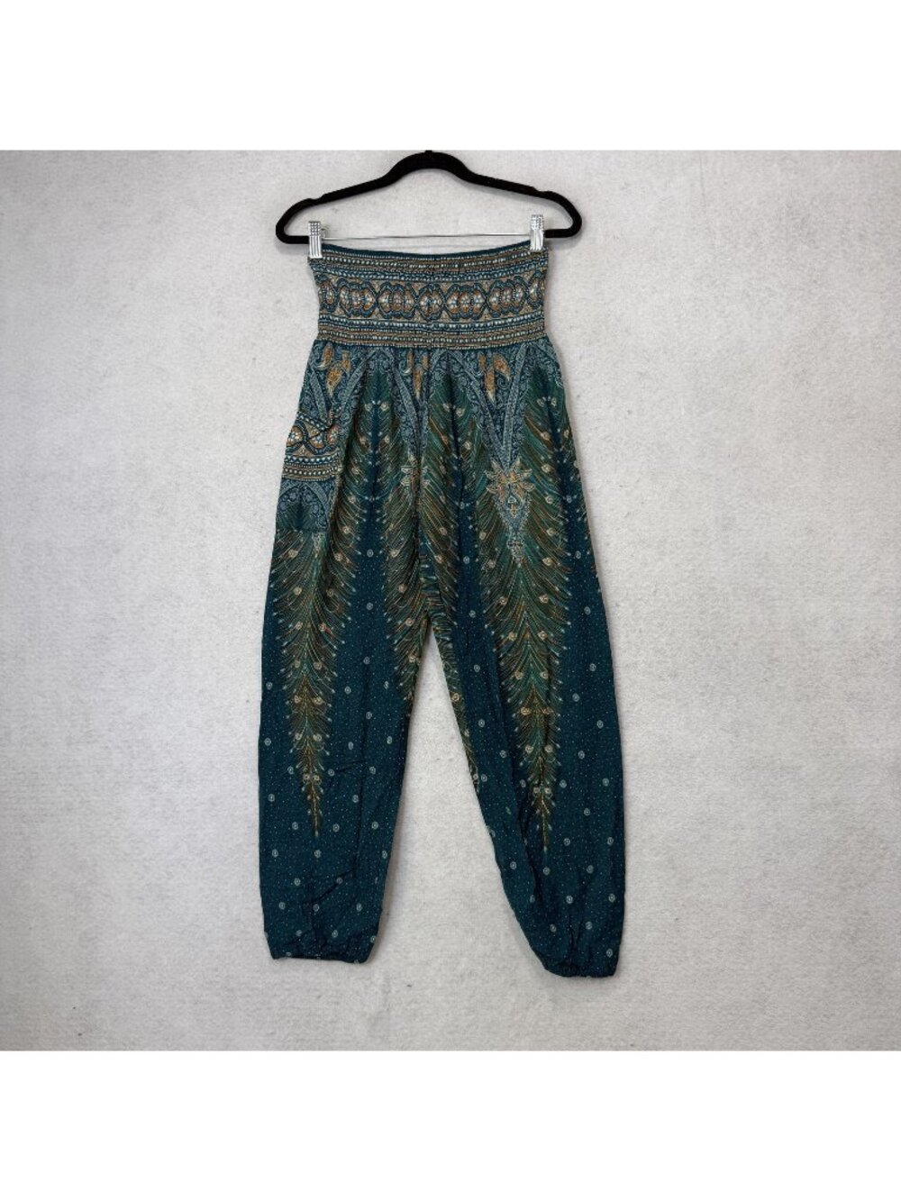 Handmade Harem Pants Womens S/M Green Rayon Paisley Boho Elastic Waist Pockets